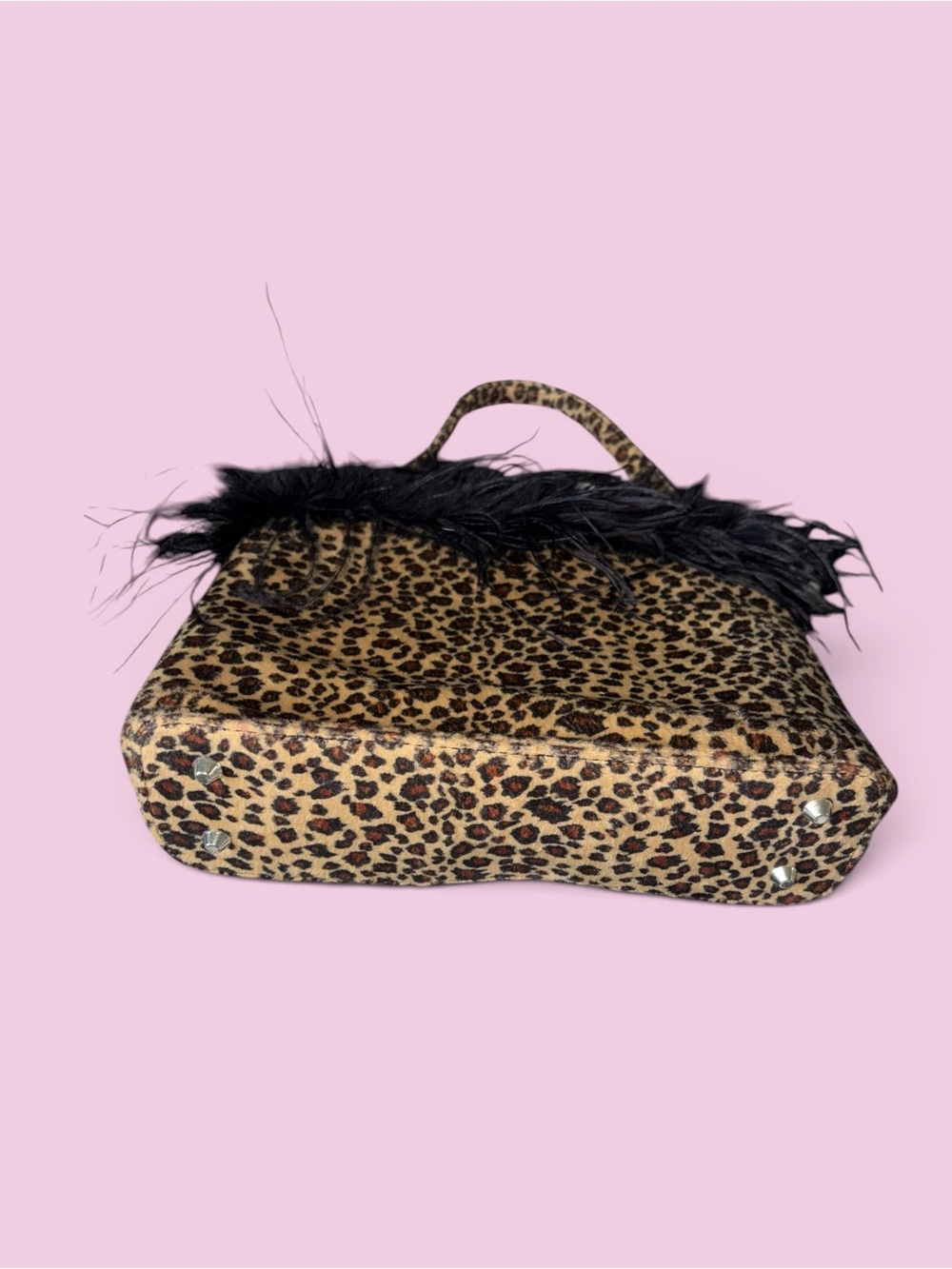 Leopard Print Feather Top Handle Bag - Brown